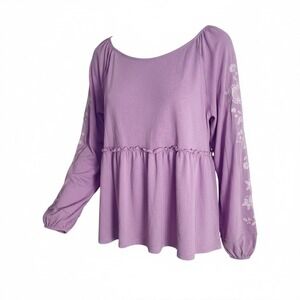 Savanna Jane Top Womens L Purple Embroidered Sleeve Babydoll Blouse Boho